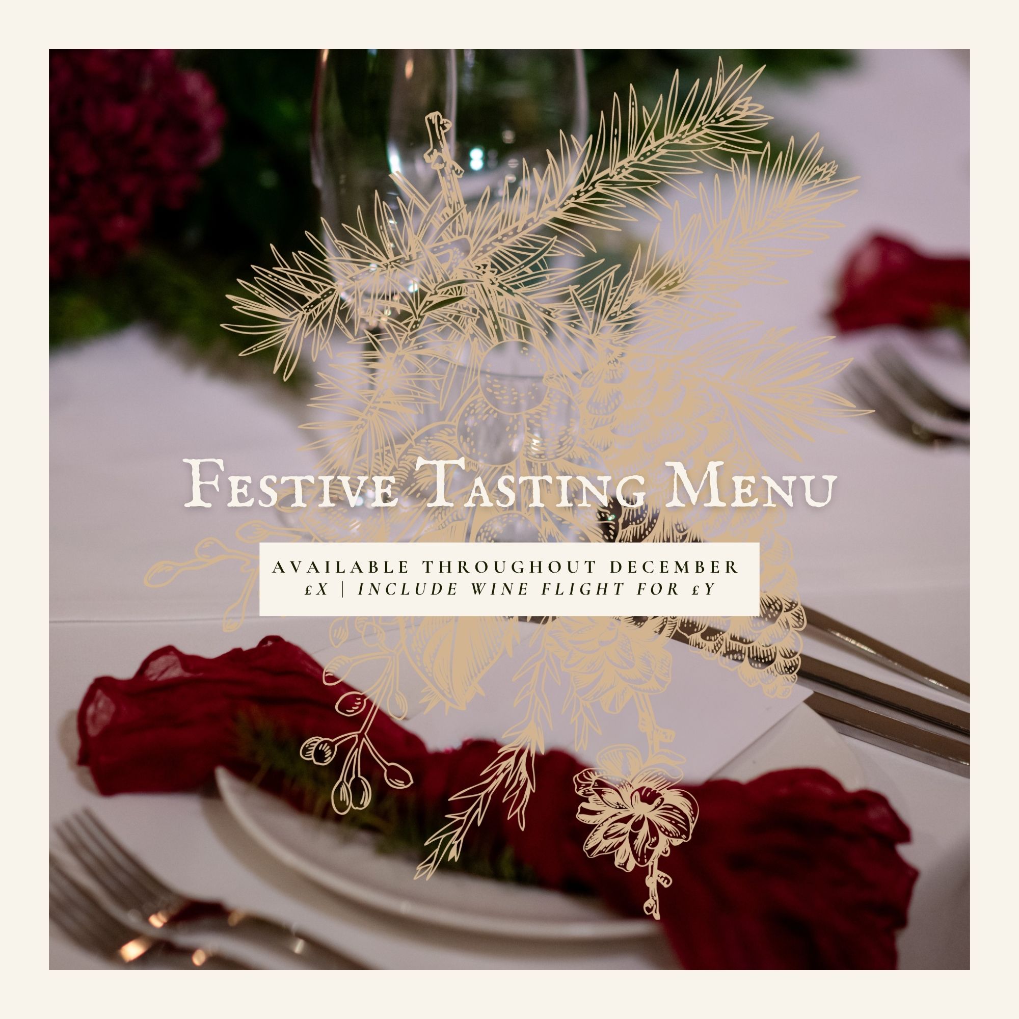 Festive Tasting Menu brochure artwork with price placeholders