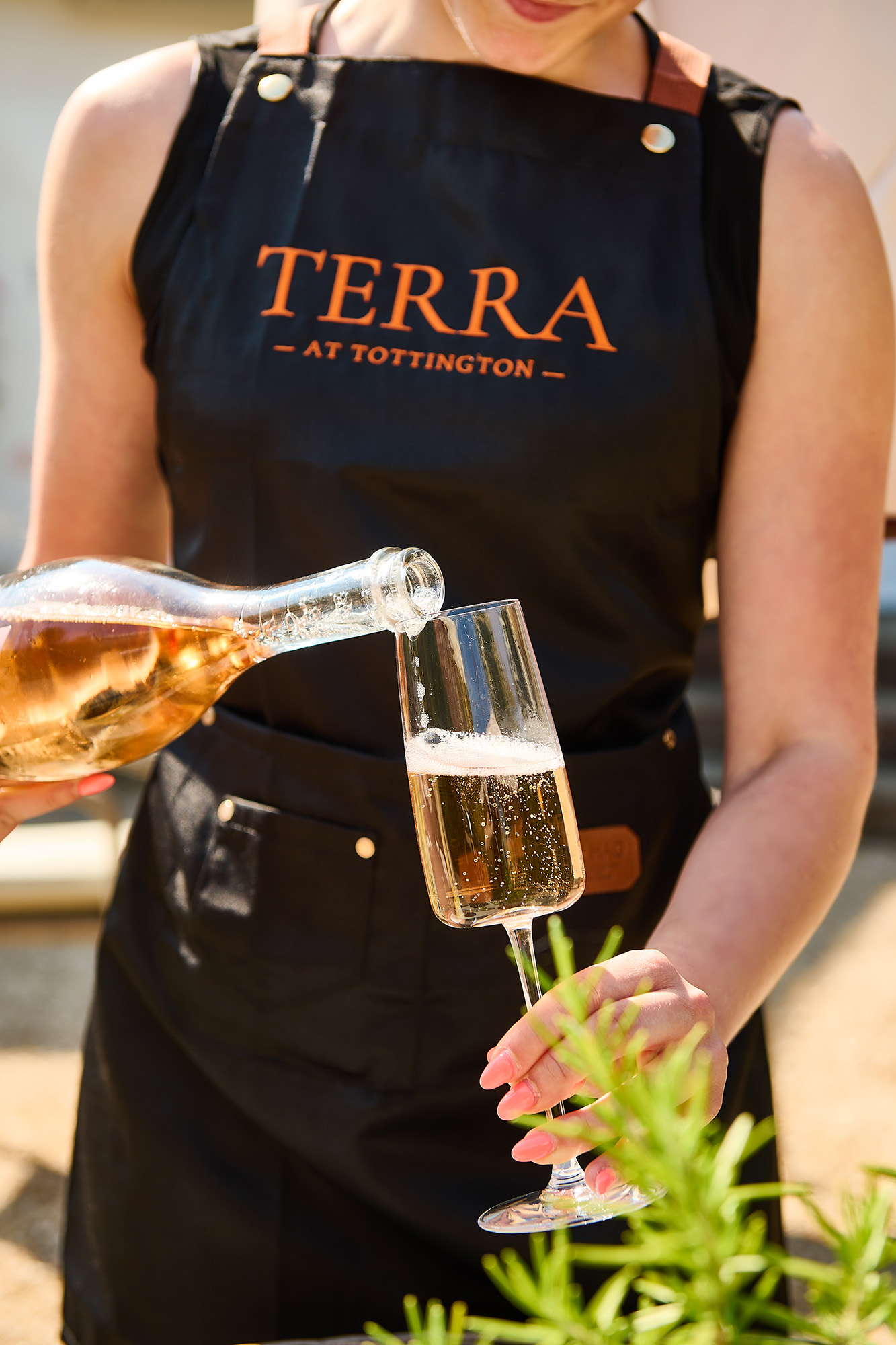 TERRA team member pouring sparkling wine in the courtyard at Tottington Manor