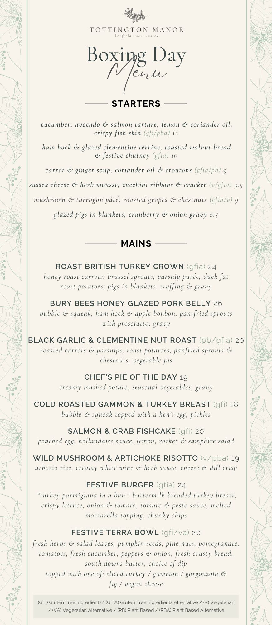Boxing Day Menu Menu